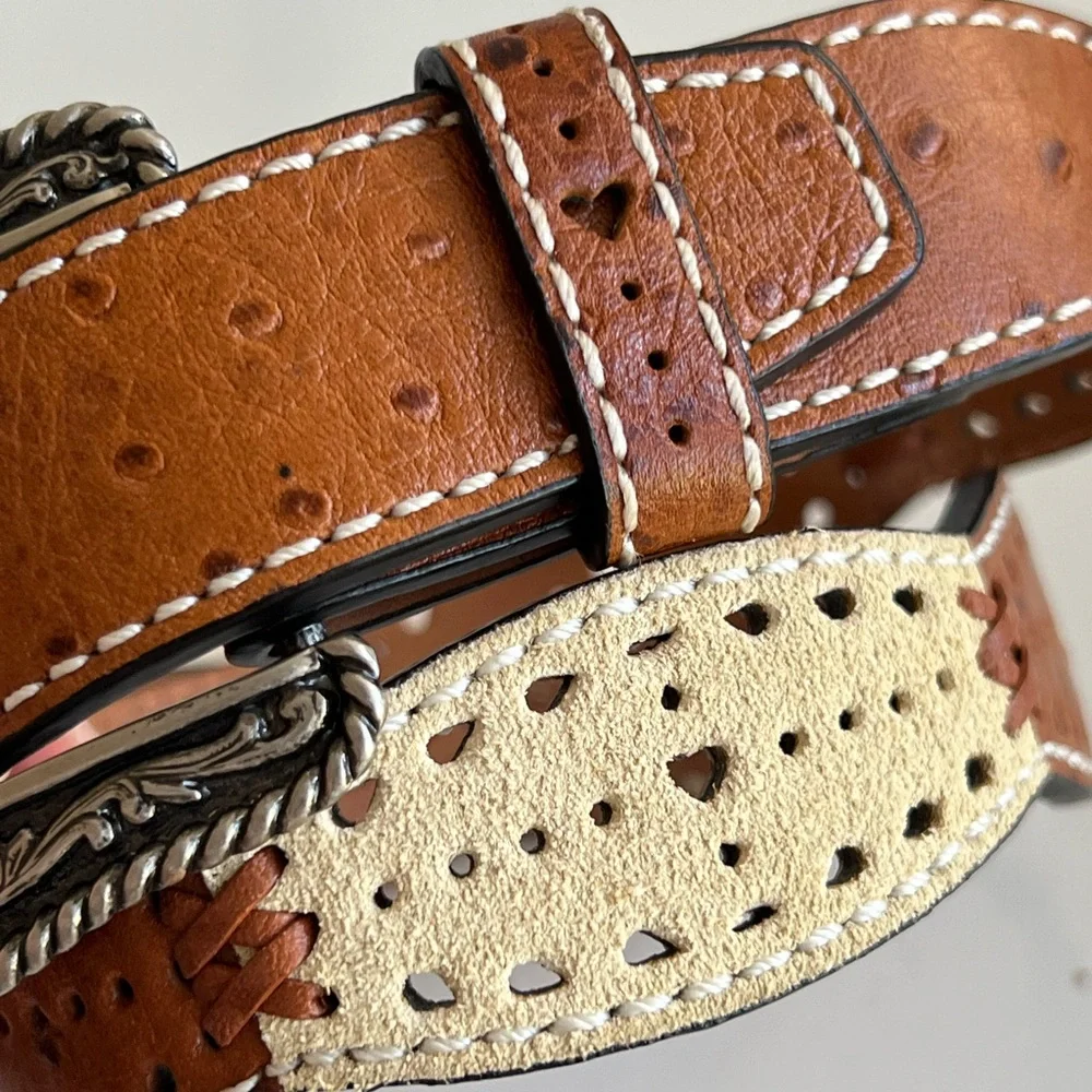 ARIAT Girls Brown Cream Perforated Leather Heart Western Cowgirl Belt Size 24
